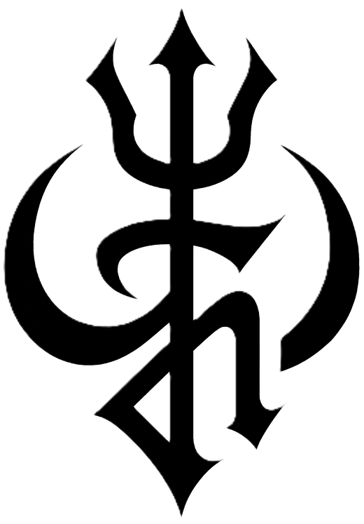 Schwarzes, symmetrisches Fantasy-Emblem mit geschwungenen Formen, einer dreizackartigen Spitze und sichelförmigen Elementen.