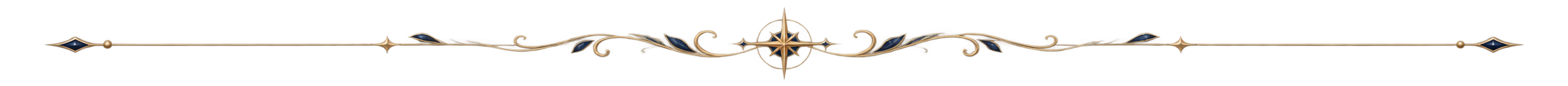 Filigrane gold-blaue Fantasy-Trennlinie mit geschwungenen Ornamenten und einem sternförmigen Symbol in der Mitte.